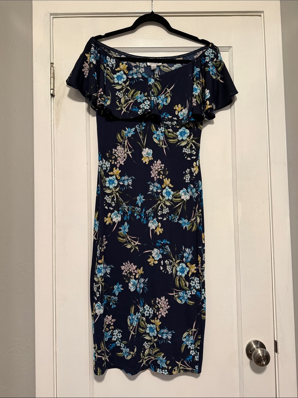 Unique Vintage Navy Floral One-Shoulder Midi Dress